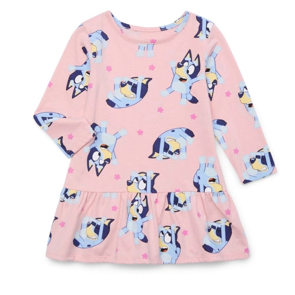 Bluey Toddler Girl Print Drop Waist Dress with Long Sleeves, Size 4T
